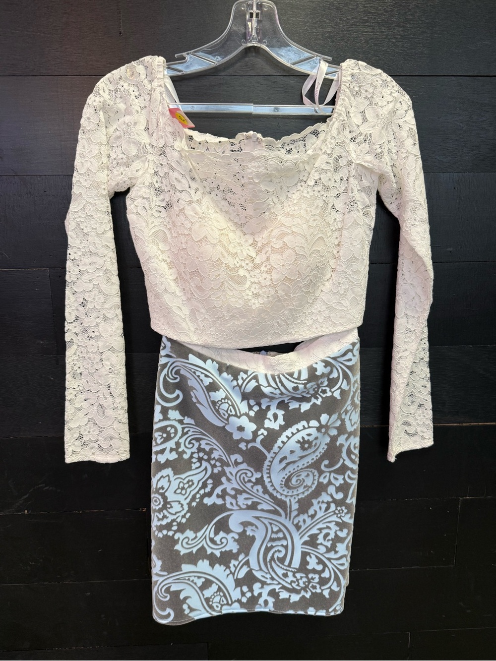 Christina Wu Cream Lace Long-Sleeve Crop Top with Paisley Pencil Skirt